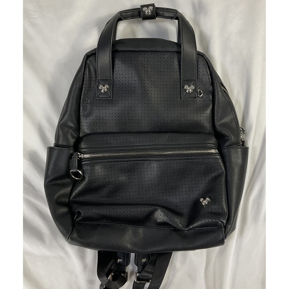 New Disney Parks Mickey Icon Flair Black Faux Leather Backpack Travel Vacation